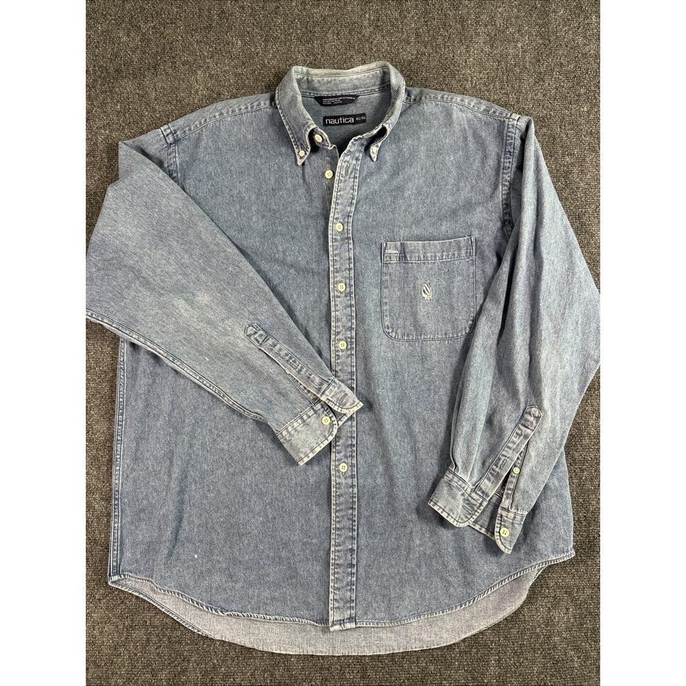 Nautica Shirt Men XL Chambray Blue Cotton Button‎ Up Embroidered Sailboat VTG